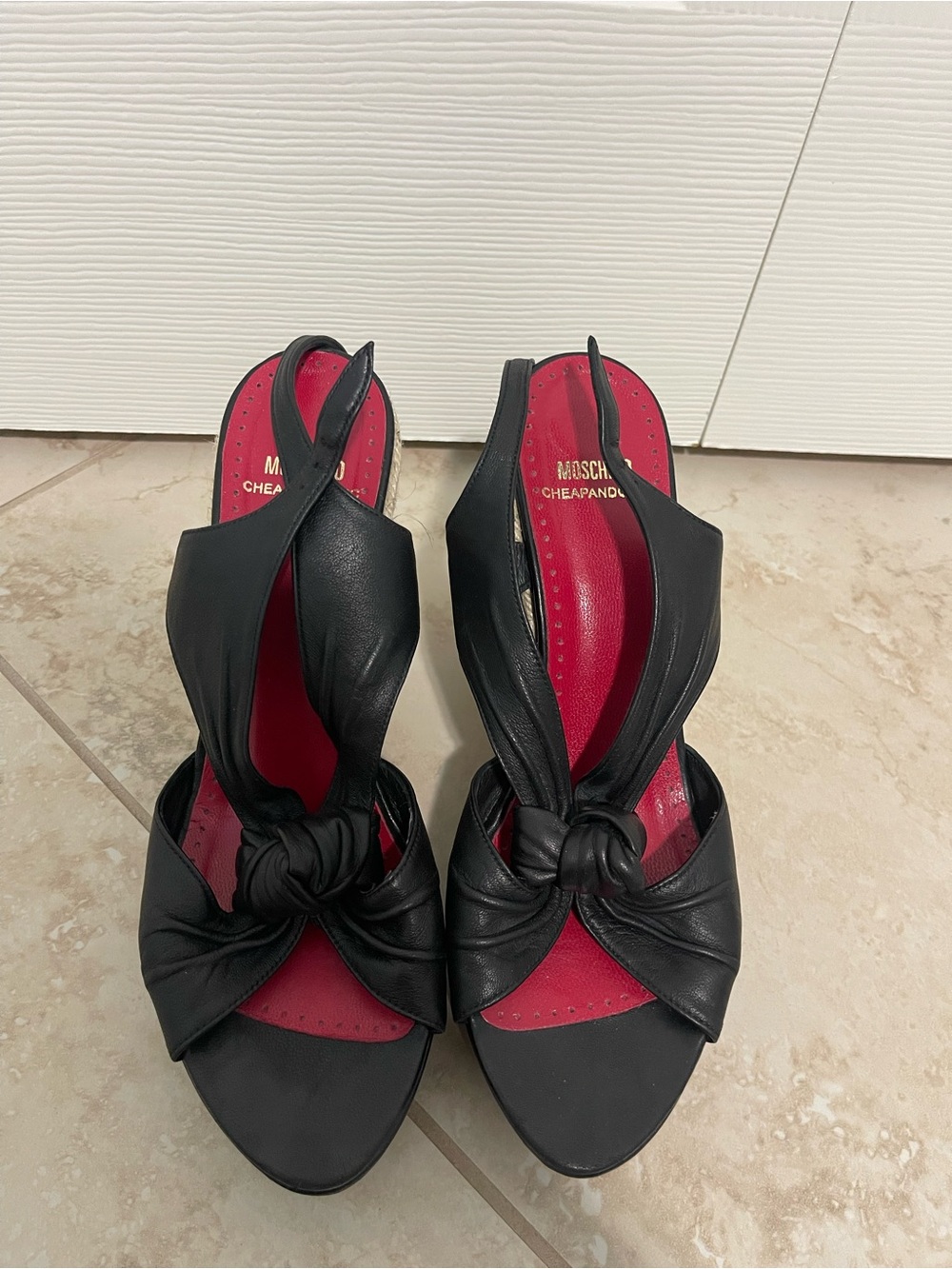 Moschino Black Leather Knot Slingback Sandals with Red Insole